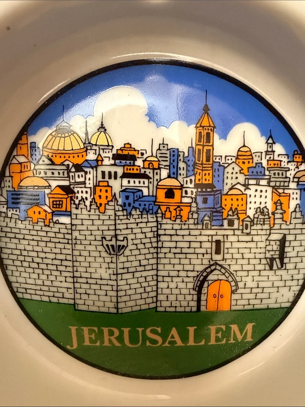 Vtg Ceramic Ashtray w/Hand-Painted Graphic of the Jerusalem City Gates & Skyline